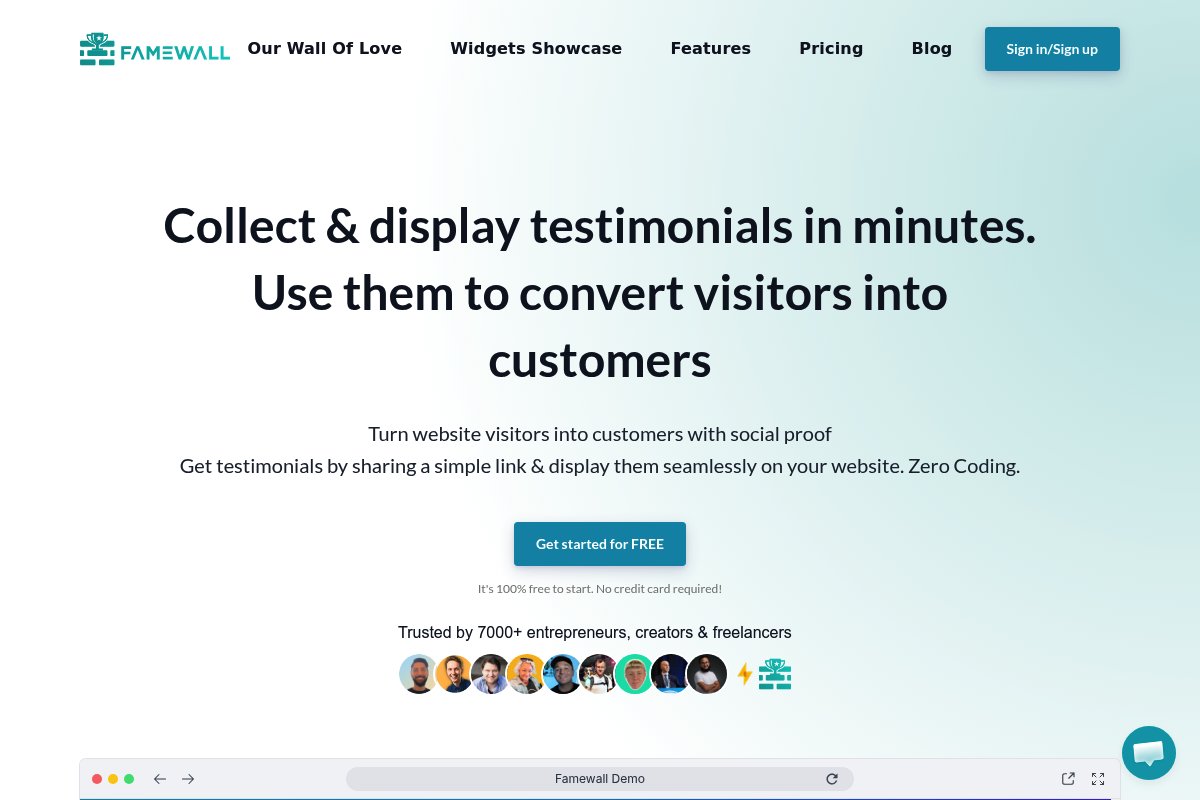 Famewall homepage - affordable testimonial tool with Brand Pages
