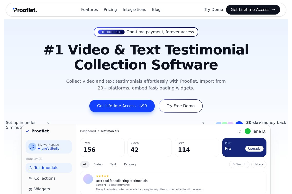 Prooflet homepage - lifetime deal testimonial collection tool